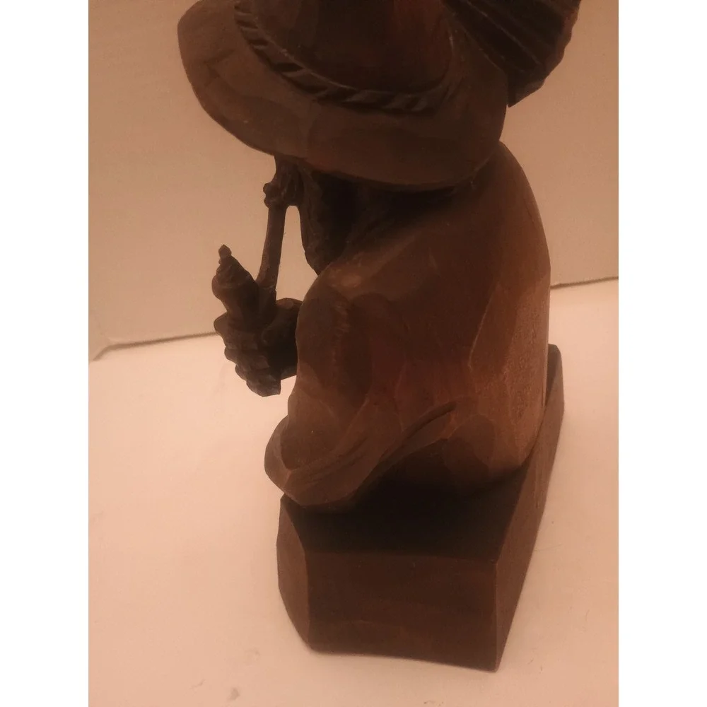 Vintage Folk Art Wood Carving Old Man Smoking Pipe Rustic